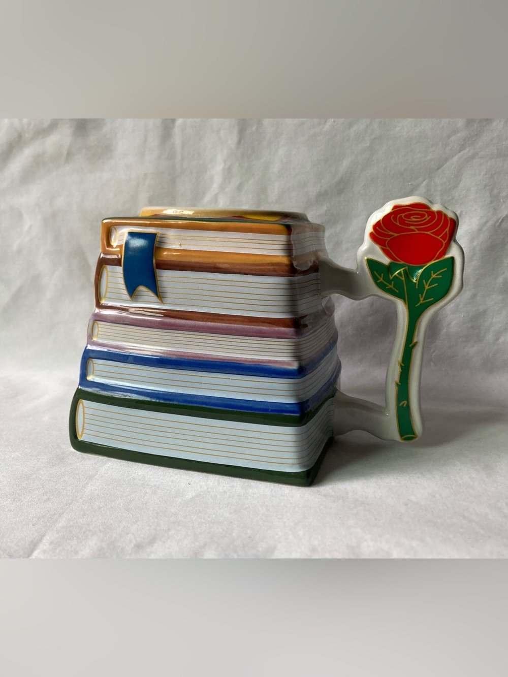 Disney Parks Beauty And The Beast BELLE Stack Of Books With Rose Ceramic Mug